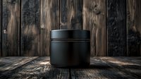 Matte black cosmetic jar on rustic wooden surface with dramatic lighting and shadows, premium packaging mockup for skincare and beauty products.