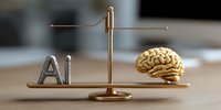 Golden balance scale weighing AI letters against human brain on wooden surface representing artificial intelligence versus human intelligence comparison.