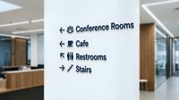 Modern office wayfinding signage on white wall showing directions to conference rooms, cafe, restrooms and stairs in contemporary workspace.