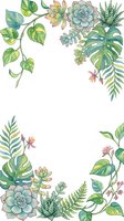Watercolor botanical frame with succulents, monstera leaves, ferns and trailing vines arranged on white background for invitations, greeting cards and decorative designs.