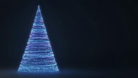 Glowing blue neon Christmas tree made of light streaks on dark background for holiday decorations and festive digital designs.
