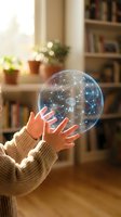 Hands holding glowing AI sphere with neural network connections in cozy home library setting for artificial intelligence and technology concepts.