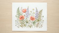 Watercolor wildflower bouquet with red poppies, purple lavender and green ferns on white background. Botanical floral arrangement for home decor and crafts.