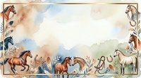 Watercolor horse border frame with wild mustangs and botanical elements on white background for equestrian designs and western themed projects.