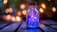 Magical glowing blue jar with sparkling lights inside on wooden surface against blurred warm bokeh background creates mystical atmosphere.