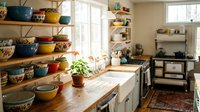 Bright farmhouse kitchen with wooden open shelving displaying colorful ceramic bowls and cookware, white subway tile backsplash, natural light from windows, potted plants, and vintage-style stove for home decor and interior design inspiration.