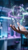 Hand holding futuristic holographic display with geometric shapes and glowing energy rings for technology and innovation concepts.