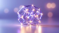 Glowing geometric crystal sphere with connected light points on purple background, creating futuristic network visualization with bokeh effect and reflective surface.