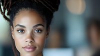 Young African American businesswoman with dreadlocks in updo hairstyle looking confidently at camera against blurred office background, professional headshot.