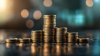 Stacks of golden coins on dark reflective surface with blurred bokeh lights background showing wealth, savings and financial growth concept.