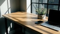Wooden desk with laptop, smartphone, and potted plant in bright sunlight from window, modern workspace setup for remote work or home office design projects.