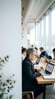 Senior businessman with glasses working on laptop in modern bright office space with colleagues collaborating at wooden tables near large windows.