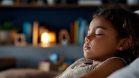 Young Hispanic girl sleeping peacefully in bed with soft night light glow, cozy bedroom atmosphere with blurred bookshelf background, childhood bedtime scene.