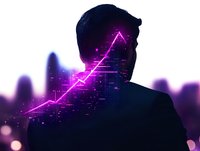 Silhouette of businessman against glowing purple financial chart showing upward trend with digital elements and city skyline background.