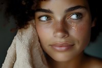 Young African American woman with natural curly hair, freckles and glitter makeup details on cheeks in soft lighting against dark background, gentle smile and bright eyes.