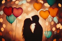 Romantic silhouette of couple kissing surrounded by heart-shaped balloons against warm bokeh background. Love story atmosphere with colorful balloon decor.