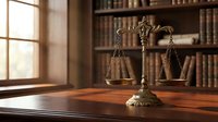 Golden scales of justice on wooden desk in traditional law library with vintage books creating professional legal atmosphere for attorney services.