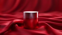 Red luxury cosmetic jar on draped silk satin background with dramatic lighting and reflective surface, elegant skincare product presentation for beauty industry.