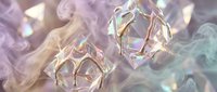 Luxury crystal diamonds floating in ethereal smoke with rainbow reflections and prismatic light effects for premium jewelry design concepts.