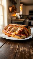 Loaded meatball submarine sandwich with melted cheese and marinara sauce on white plate in warm kitchen setting with blurred background.