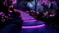 Mystical purple illuminated stone pathway through enchanted forest with glowing steps and magical lighting effects for fantasy themed designs and projects.