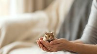 Hands holding small hamster against blurred cozy interior background. Suitable for pet care, animal welfare, and lifestyle content.