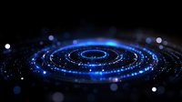 Glowing blue spiral galaxy formation with light particles and bokeh effects on black background, cosmic space visualization for astronomy presentations.