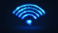 Glowing blue wifi symbol with sparkle effects and light particles on dark background, modern network connection concept for technology designs.