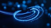 Glowing blue swirling energy wave with sparkling particles flowing across dark background, representing digital transformation, technology innovation, and data flow for tech presentations.