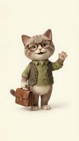 Adorable tabby kitten wearing glasses and business attire with briefcase waving paw on neutral background for greeting cards and office humor concepts.