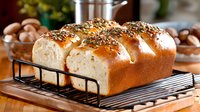 Fresh baked golden brioche bread loaf with sesame seeds on cooling rack, soft texture and glossy crust, warm homemade pastry on rustic kitchen background.