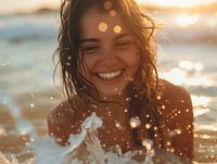 Young Hispanic woman laughing while playing in ocean water at sunset, with water droplets and golden bokeh light creating magical summer atmosphere.