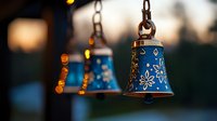 Decorative blue metal lantern with intricate star patterns hanging on chain creates warm ambient lighting for outdoor evening gatherings and festive celebrations.