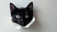 Black cat with bright yellow eyes peering through torn white paper hole against light background, creating playful peek-a-boo effect for pet and animal concepts.