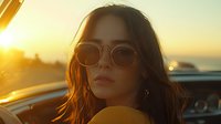 Young woman with sunglasses enjoying golden hour sunset drive in convertible car, warm summer evening light creating dreamy atmosphere for travel lifestyle.