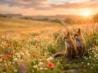Two young foxes sitting together in a wildflower meadow at golden hour sunrise, surrounded by blooming red poppies and white flowers with rolling hills and warm sunlight in the background.