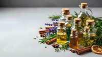 Collection of essential oils in glass bottles with cork stoppers surrounded by fresh herbs, spices and dried botanicals for aromatherapy and natural wellness.