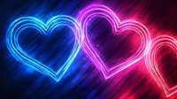 Glowing neon heart shapes in vibrant blue, pink and red colors against dark background create romantic atmosphere. Abstract light effect design for Valentine's day cards.