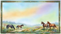 Horses grazing in pastoral meadow landscape with wildflowers, distant mountains and soft sunrise sky, suitable for home decor and nature themes.