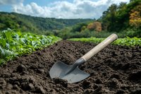 Garden trowel with wooden handle stuck in fresh dark soil against green mountain landscape background, ready for planting and gardening activities.