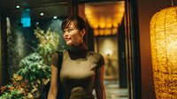 Young Asian woman in elegant beige sleeveless top standing in upscale restaurant with warm ambient lighting and wicker pendant lamps creating sophisticated dining atmosphere.