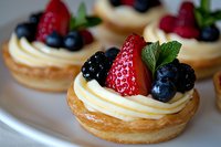 Mini fruit tarts with fresh berries, whipped cream, and mint garnish on flaky pastry shells, arranged on white plate. Closeup of gourmet dessert presentation.