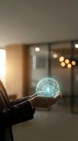 Businessman hands holding glowing holographic sphere with network connections in modern office environment representing digital transformation and innovation.