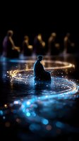 Silhouette of meditating man surrounded by magical glowing light trails and bokeh effects on dark background, spiritual enlightenment concept.