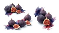 Fresh ripe figs with purple skin and red flesh isolated on white background. Whole and sliced Mediterranean fruits for healthy eating and cooking.