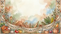 Watercolor kitchen border frame with cooking utensils, vegetables, and herbs, featuring a soft pastel background with copy space.
