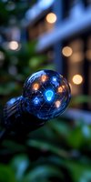 Glowing lightbulb icons connected in network pattern on reflective sphere surface with bokeh background, representing innovative technology and connectivity.