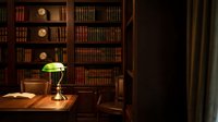 Classic wooden library interior with vintage banker lamp illuminating leather-bound books on mahogany shelves for academic and professional settings.