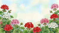 Watercolor geranium flowers border with red, pink and white blooms on soft sky background, framing copy space for text or design.