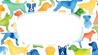 Colorful dog silhouettes frame border on white background with copy space for pet care, veterinary services, animal adoption promotional materials.